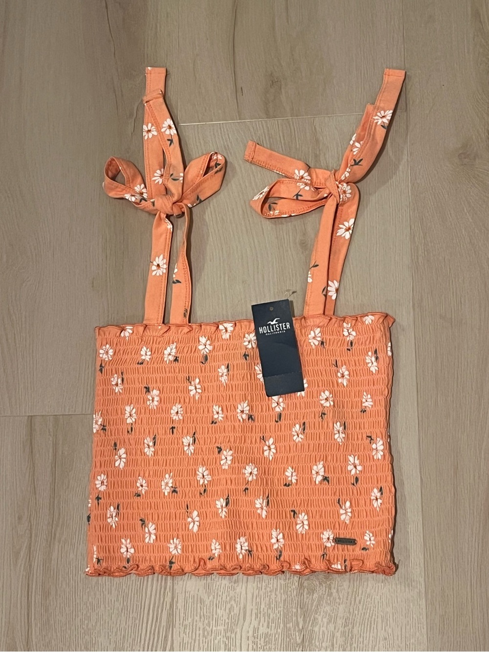 Hollister Coral Floral Tie-Shoulder Smocked Top